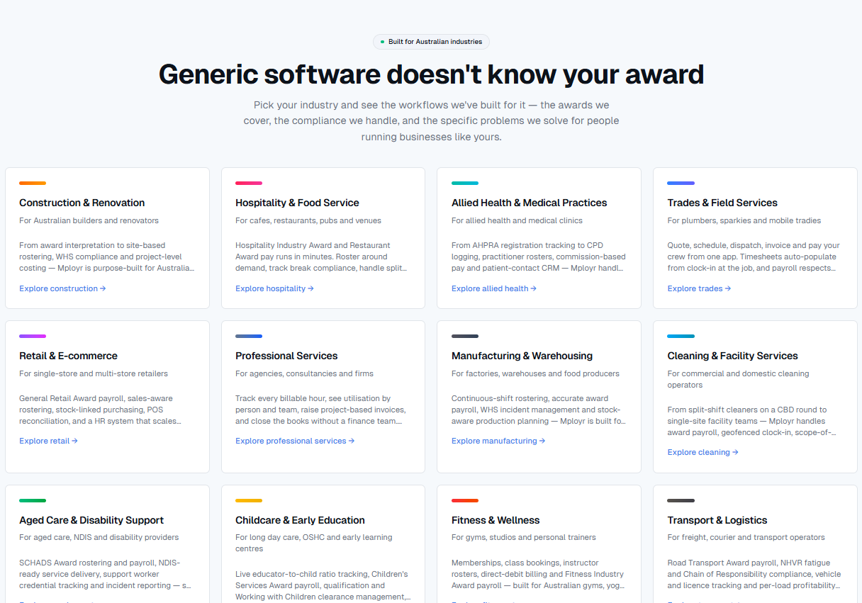 Mployr industry hub with six industry cards