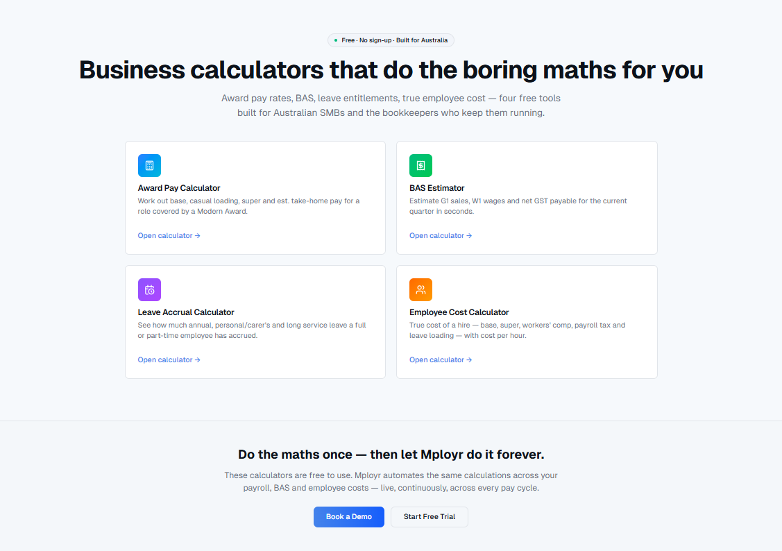 Mployr free tools hub showing four calculator cards