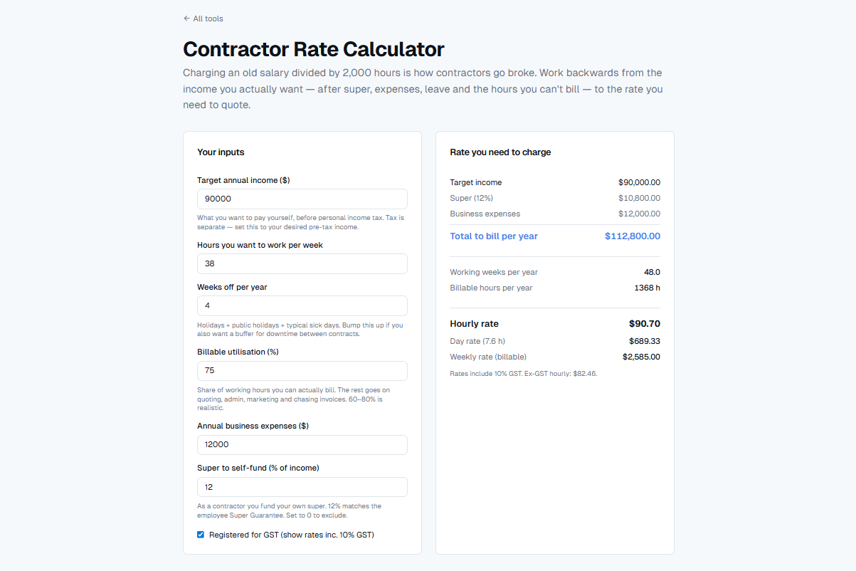 Contractor Rate Calculator showing inputs and the resulting hourly, daily and weekly rates